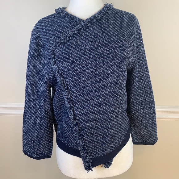 LOFT 3/4 Sleeves Fringe Knit Navy Open Jacket M - Picture 11 of 13